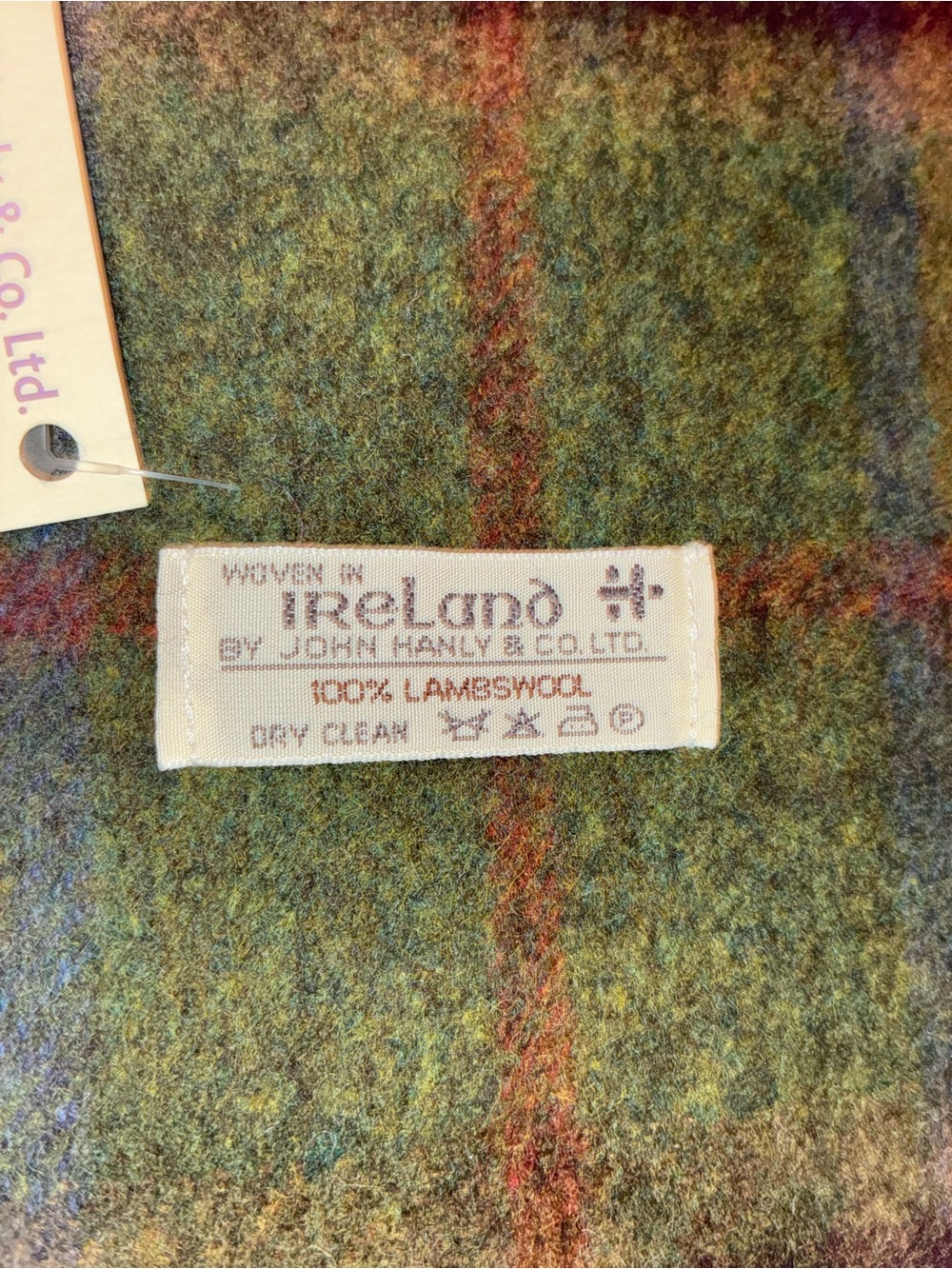 John Hanly Irish Wool Scarf Short Green Earthy Check 236 NEW - Picture 3 of 4